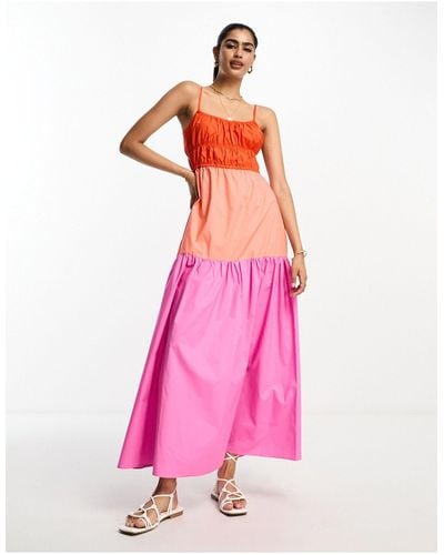 Mango Midi-jurk Met Ruches En Kleurvlakken - Roze