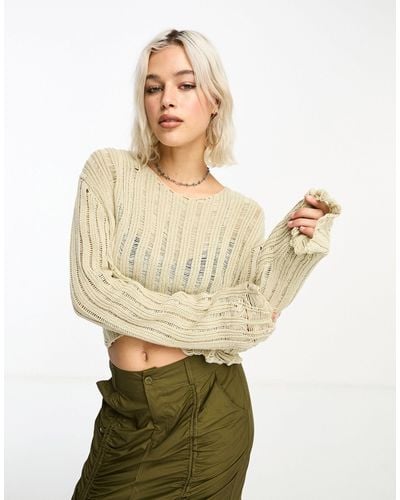 Collusion Cropped Distressed Nibbled Hem Jumper - Natural