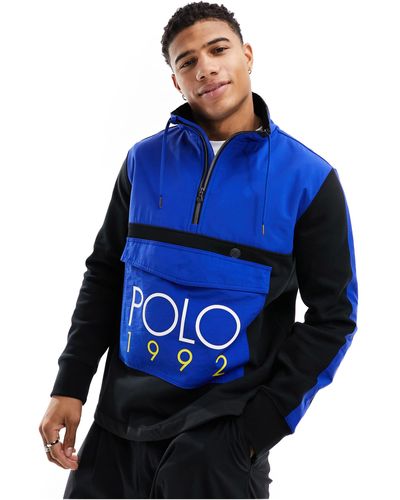 Polo Ralph Lauren Sweat hybride color block rétro avec col zippé, logo et imitation peau - Bleu