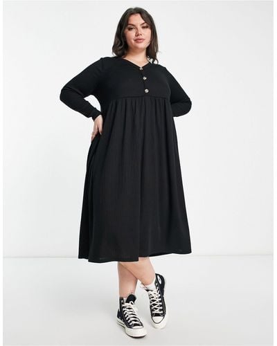 Yours Long Sleeve Ribbed Button Through Midi Dress - Black