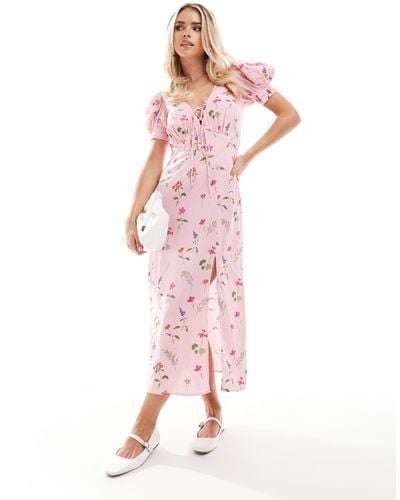 ASOS Asos Design Petite Puff Sleeve Lace Up Midi Dress - Pink