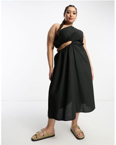 Native Youth Asymmetric Strap Linen Midaxi Dress - Black