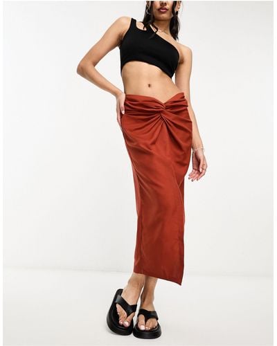 Threadbare Linen Look Knot Front Midi Skirt - Red