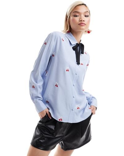 Sister Jane Cherry Embroidered Bow Shirt - Blue