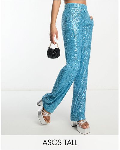 ASOS Asos Design Tall Straight Sequin Ankle Grazer Trousers - Blue