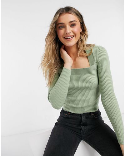 ASOS Ribbed Jumper With Open Square Neck - Green