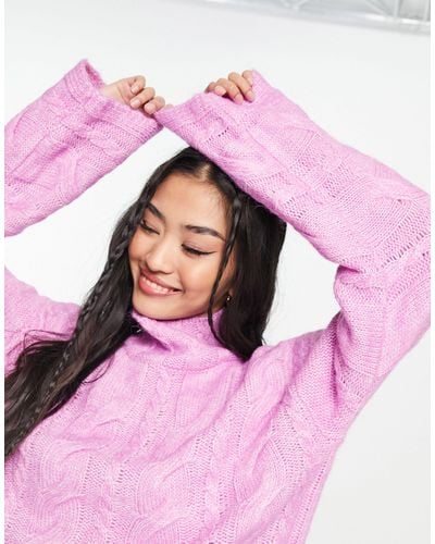 Pieces High Neck Cable Knit Jumper - Pink