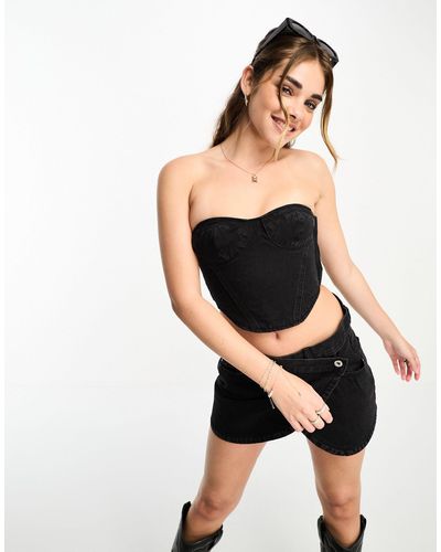 Pull&Bear Top d'ensemble façon corset en jean - Noir