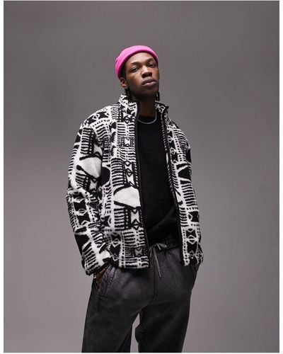 TOPMAN Borg Jacket With All Over Pattern Print - Multicolour