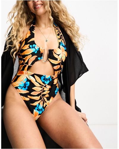 River Island Costume da bagno allacciato al collo con stampa tropicale e finiture - Nero