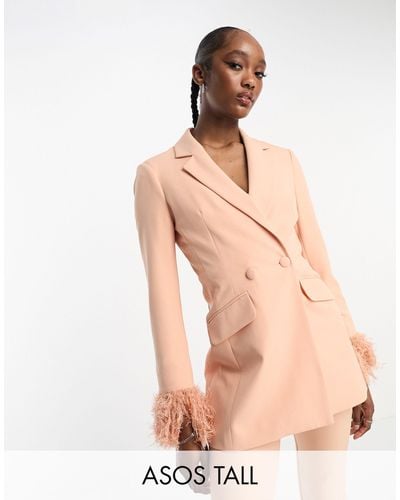 ASOS Asos Design Tall Nipped Waist Tuxedo Suit Blazer With Fringe Cuff - Natural
