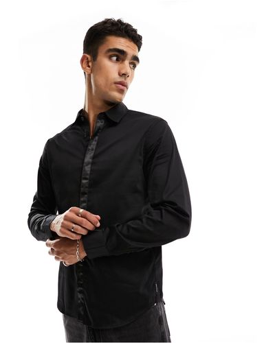 Armani Exchange Satin Collar Long Sleeve Shirt - Black