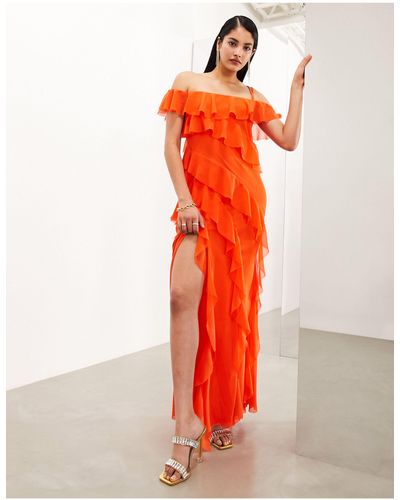 ASOS Chiffon Bardot Ultimate Ruffle Maxi Dress - Orange