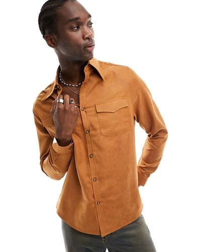 ASOS Relaxed Fit 70s Collar Western Suedette Shirt - Brown