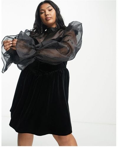 ASOS Curve High Neck Corsetted Velvet Mini Dress With Sheer Sleeves - Black