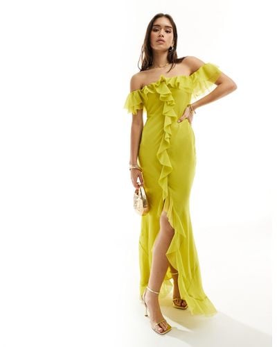 ASOS Frill Bardot Bias Cut Maxi Dress - Yellow