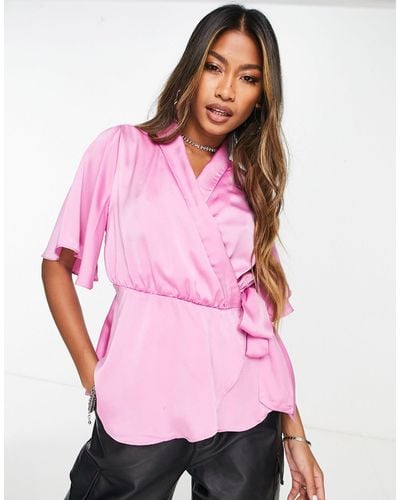 Vero Moda Short Sleeve Satin Wrap Top - Pink