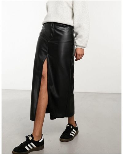 Pull&Bear Faux Leather Split Front Midi Skirt - Black