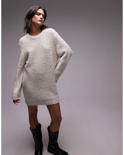 TOPSHOP Knitted Oversized Boucle Crew Neck Mini Dress - Gray