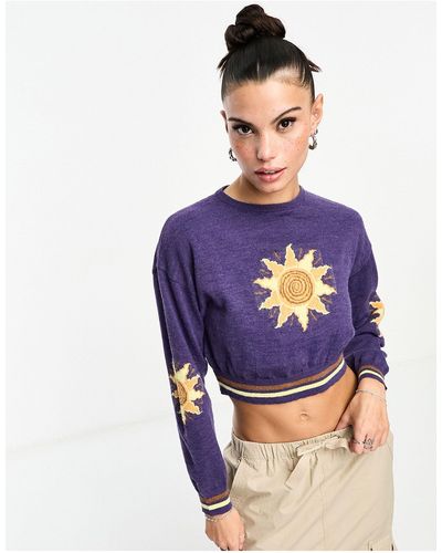 Daisy Street Cropped Jumper With Retro Sun Knit - Blue