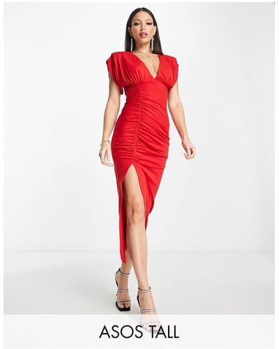 ASOS Asos Design Tall Plunge Neck Ruched Side Midi Dress With Split - Red