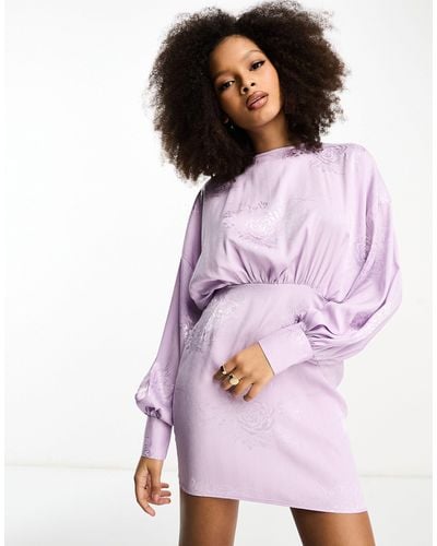 In The Style Jacquard Batwing Mini Dress With Open Back Detail - Purple