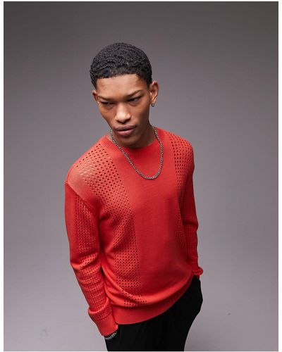 TOPMAN Knitted Pointelle Jumper - Red