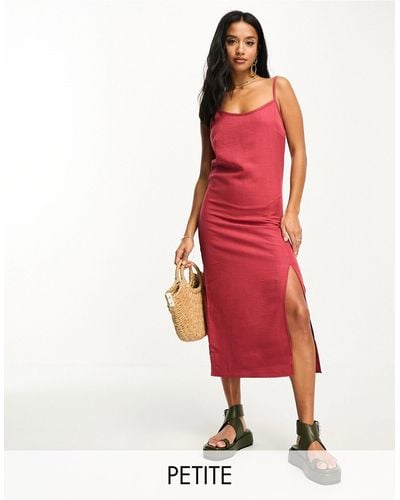 Vila Linen Touch Cami Midi Dress With Slit Front - Red