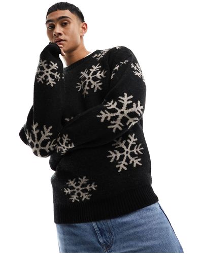 Jack & Jones Maglione spazzolato con fiocchi di neve - Nero