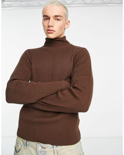 Collusion Knitted Ribbed Roll Neck Jumper - Brown