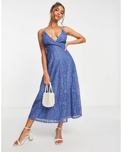 ASOS Lace Prom Midi Dress With Lace Up Back - Blue