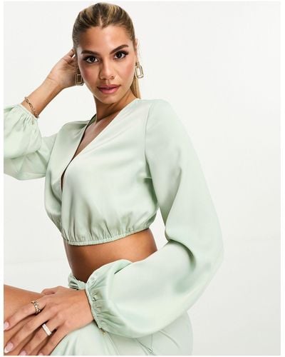 In The Style Exclusive Satin Twist Front Volume Sleeve Blouse Co-ord - Green
