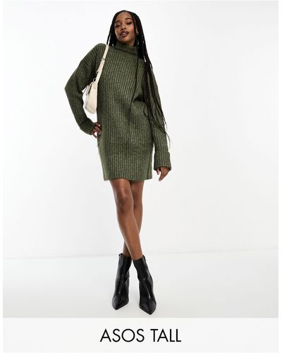 ASOS Asos Design Tall Knitted Jumper Mini Dress With High Neck - Green