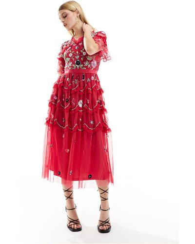 Frock and Frill Vestido midi color escalonado con diseño adornado variado - Rojo