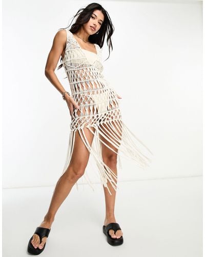ASOS Knitted Macrame Mini Dress With Fringe Dress - White