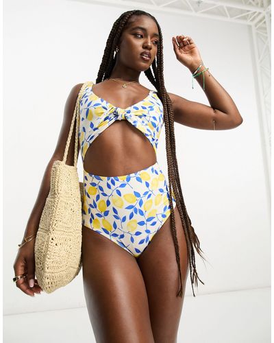Monki Lemon Print Cut Out With Front Knot Swimsuit - Yellow