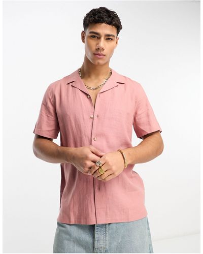 New Look Short Sleeve Linen Blend Revere Shirt - Pink