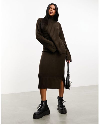 Threadbare Genine Knitted Midi Skirt And Roll Neck Jumper Set - Black