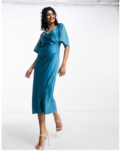 Y.A.S Bruidsmeisjes - Satijnen Midi-jurk Met Fladdermouwen - Blauw