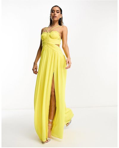 ASOS Ruched Bust Strappy Cut Out Maxi Skater Dress - Yellow