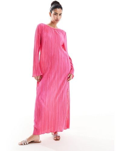 Pieces Plisse Maxi Dress With Side Splits - Pink