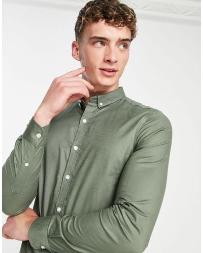 New Look Smart Long Sleeve Muscle Fit Oxford Shirt - Green