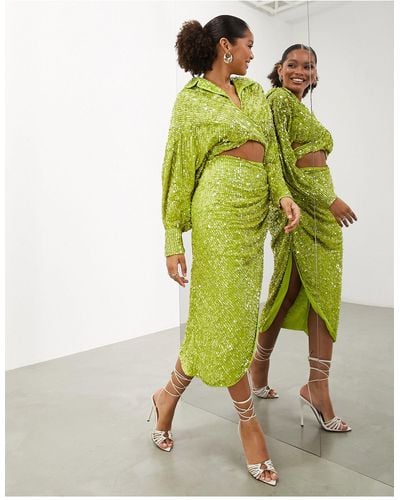 ASOS Drape Side Sequin Midi Skirt - Green