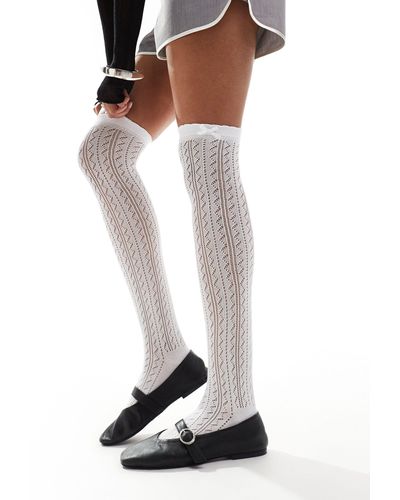 Collusion High Knee Pointelle Socks With Bow - White