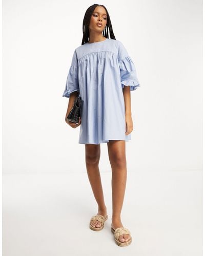 ASOS Cotton Pintuck Puff Sleeve Mini Smock Dress - Blue