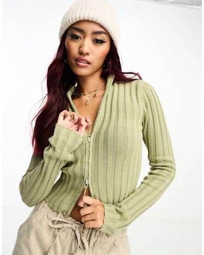 Pull&Bear Ribbed Zip Through Knitted Top - Green