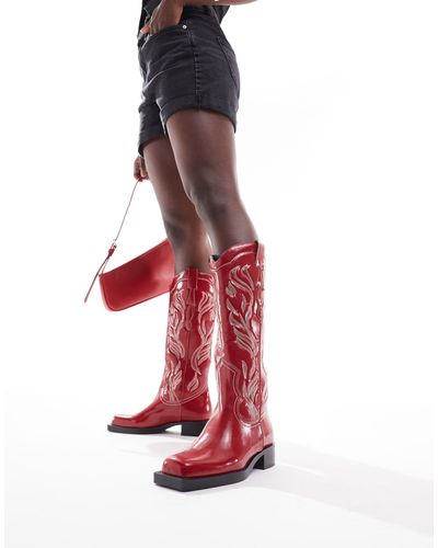 Stradivarius Faux Leather Square Toe Western Boots - Red