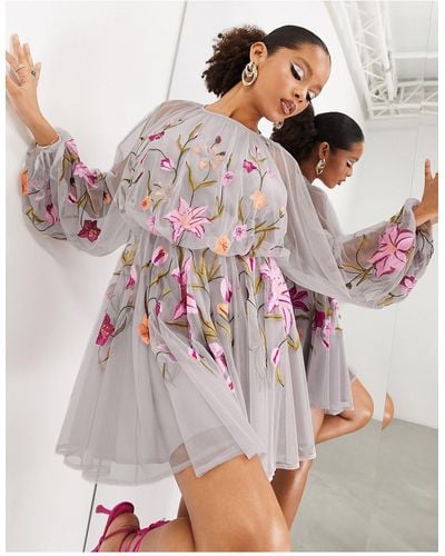 ASOS Mesh Long Sleeve Mini Dress With Floral Embroidery - Pink