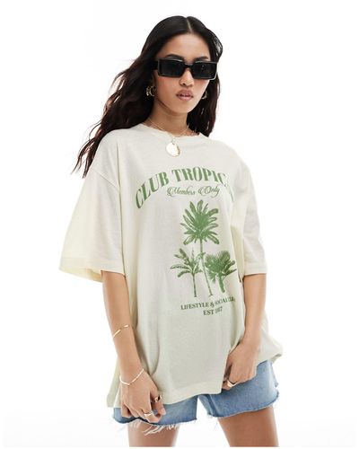 ASOS T-shirt coupe boyfriend texturé avec imprimé club tropicana - crème - Blanc