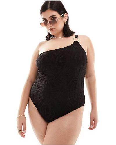 South Beach Southbeach Curve Textured One Shoulder Swimsuit With Hardwear Detail - Black